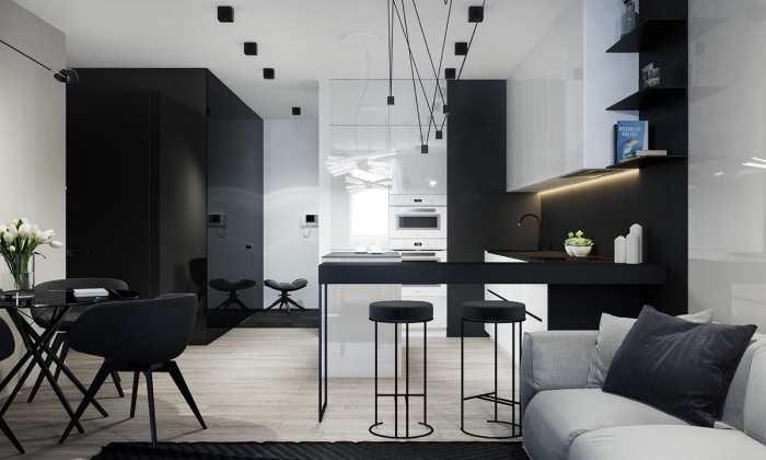 design intérieur style contemporain, décoration petite cuisine avec bar, modèle de cuisine noir et blanc à finitions mates