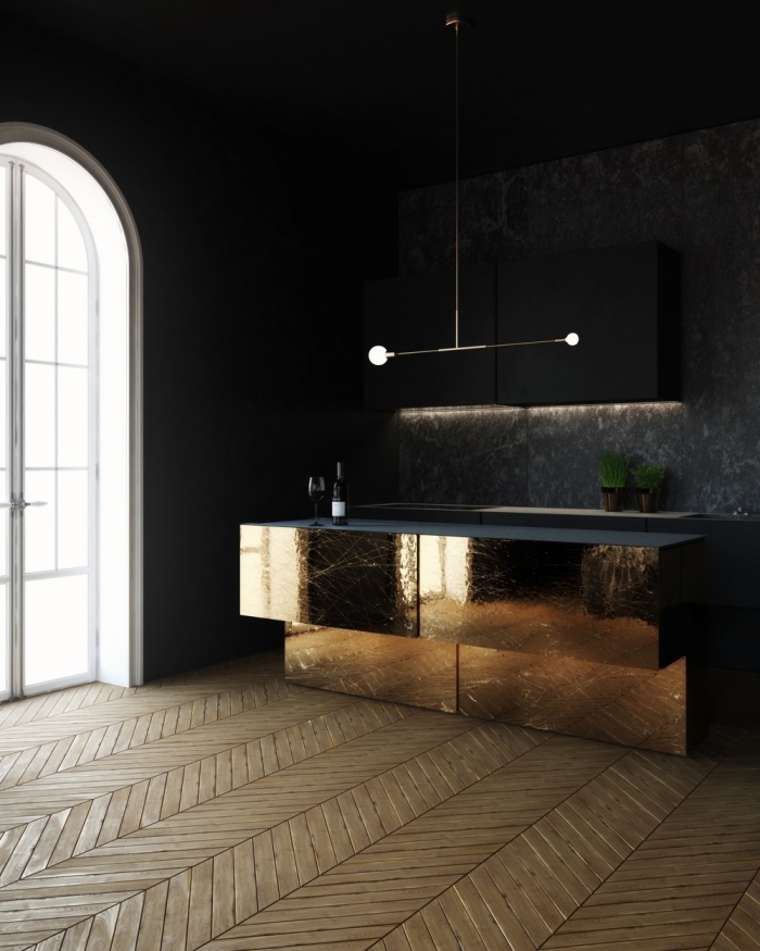 modèle de cuisine noire et bois avec armoires à effet miroir, meubles de cuisine en noir mate avec éclairage led