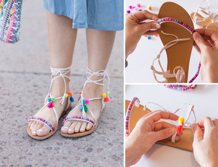 activité créative, exemple comment décorer ses sandales plates femme avec pompons, diy sandales personnalisées