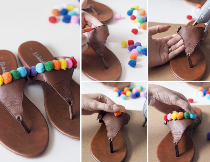 tutoriel comment customiser ses sandales, modèle sandale ete 2019, étapes à suivre pour coller des pompons sur chaussures d'été