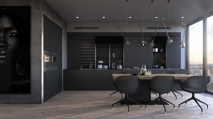 modèle de cuisine gris anthracite et bois avec meubles noir mat, décoration cuisine linéaire de style moderne