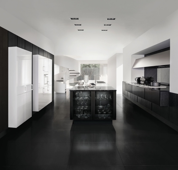 modèle de cuisine blanc laqué avec meubles et plancher en noir mat, agencement cuisine en parallèle avec îlot
