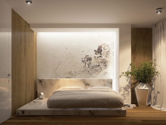 chambre adulte contemporaine aux murs en bois clair, idée revetement mural bois pour chambre à coucher relax