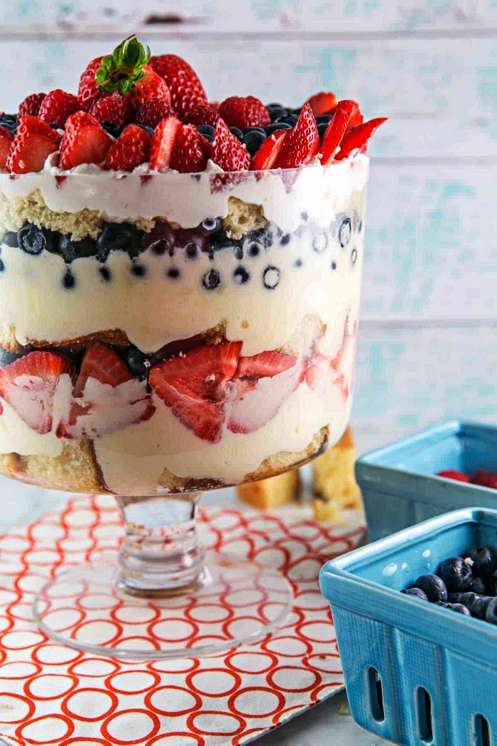 recette de trifle aux fruits rouges frais, dessert d'été anglais aux fruits rouges, morceaux de gâteau éponge et pudding vanille