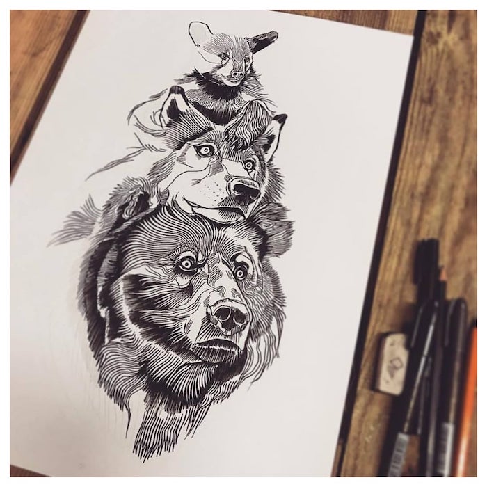 dessin animal original a faire soi meme, tetes d ours, loup et ourson superposées sur un bout de feuille vierge