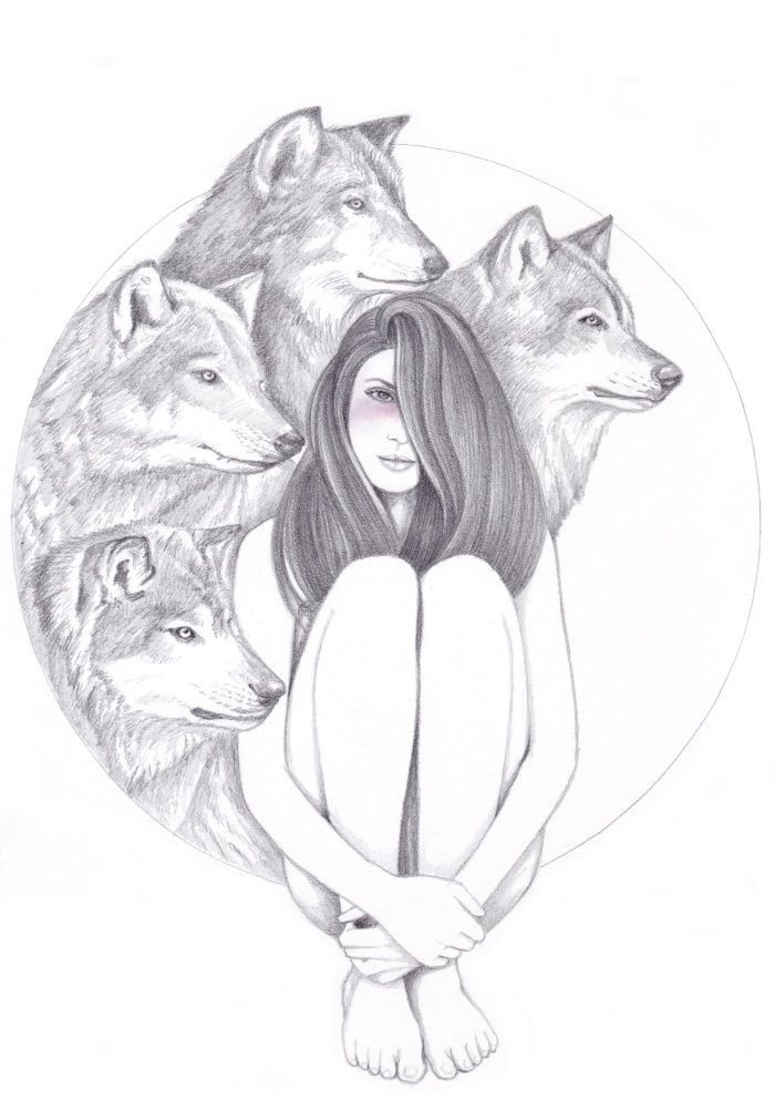 comment dessiner une fille, dessin original de fille avec des tetes de loup autour en auréole