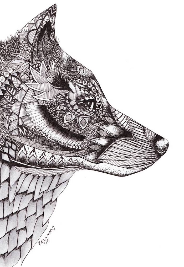 dessin mandala, petits détails floraux et géométriques dessinés sur la tête d un loup, idée mandala à imprimer
