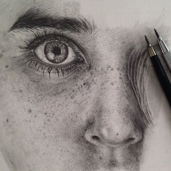 Noir et blanc dessin étapes, dessiner un visage réaliste, dessin au crayon, dessiner des yeux de femme 