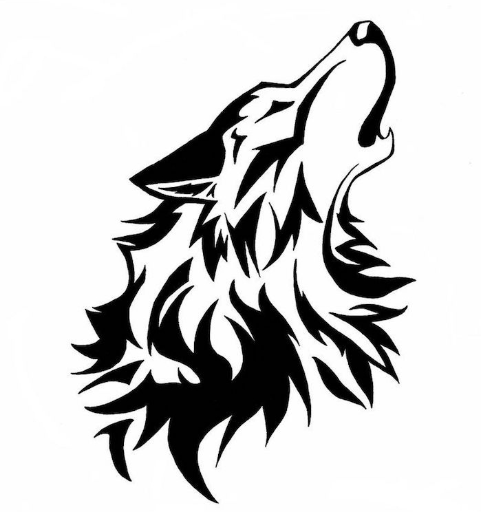 exemple de dessin tatouage animal de loup, un loup graphique à grosse crinière qui hurle