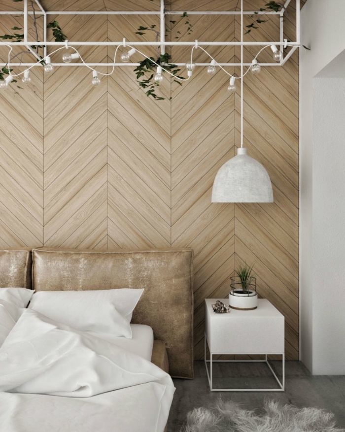 quels matériaux et couleurs pour une déco scandinave et moderne, aménagement chambre bois et blanc avec lambris mural bois