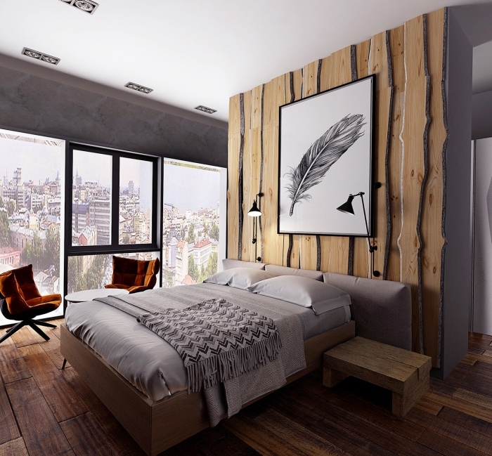 aménagement petite chambre moderne en gris et bois, idée décoration murale bois originale avec accents en gris foncé