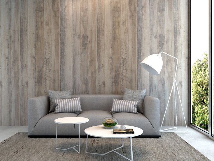 idée décoration murale de salon moderne avec lambris bois large de nuances de gris, modèle canapé de salon contemporain en gris clair