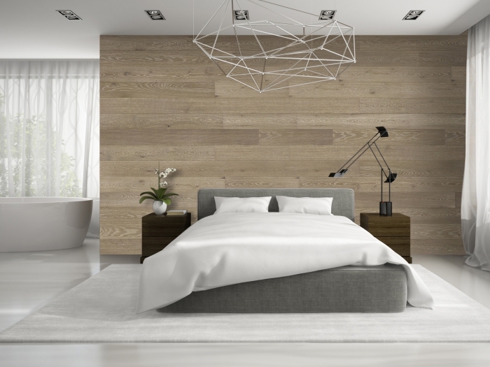 design intérieur moderne de style minimaliste dans une pièce blanc et gris avec accents en bois, idée décoration murale bois