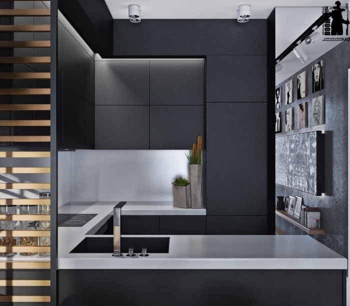 aménagement petite cuisine contemporaine en u, idée décoration cuisine blanche et noire avec meubles noir mat sans poignées