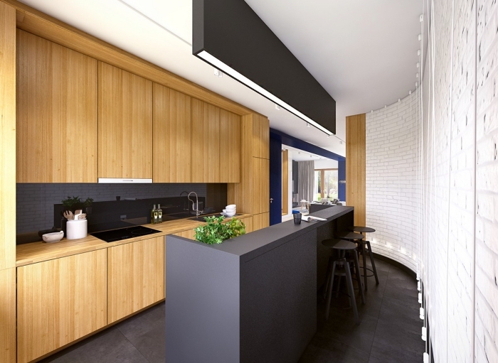 comment aménager une petite cuisine moderne, design cuisine blanc et bois avec plancher et îlot en gris anthracite mat