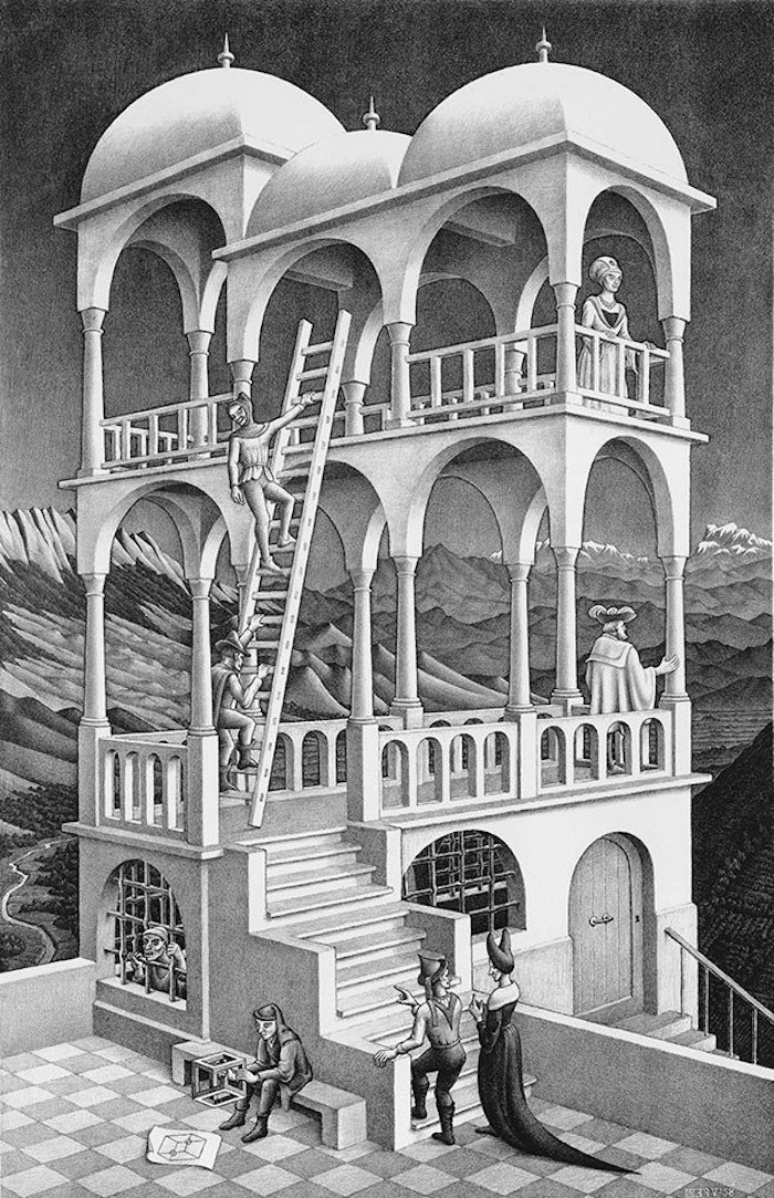 Illusion optique Escher dessin noir et blanc crayon, dessin au crayon, comment bien dessiner style hyper realiste