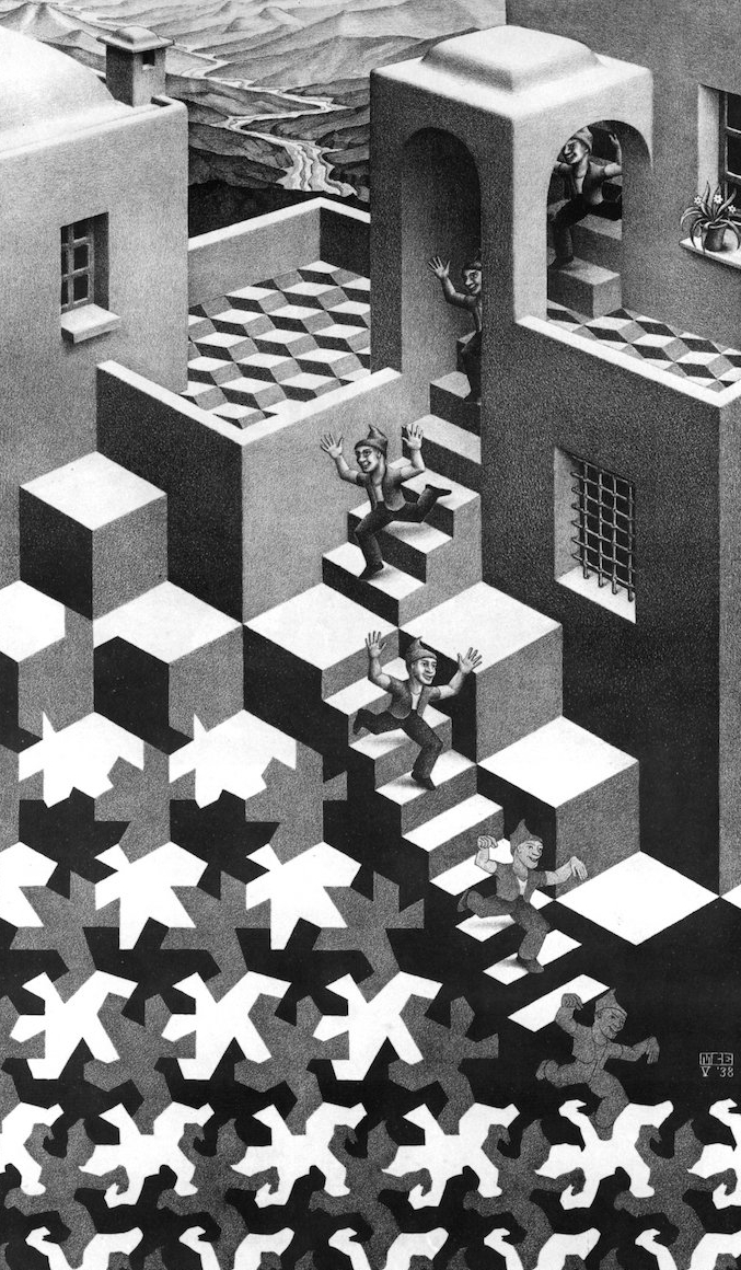 Comment bien dessiner, dessin lithographie Escher perspective, dessin noir et blanc illusion optique Escher art 