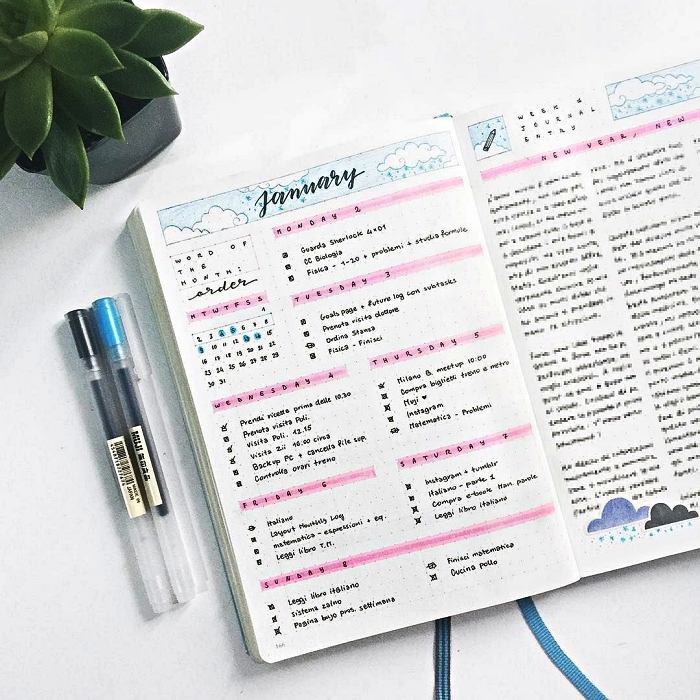 calendrier hebdomadaire avec des listes des tâches à accomplir et une page consacrées aux pensées pour la nouvelle année