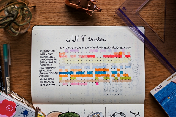 bullet journal tracker en forme de grille, un suivi des habitudes pour le mois avec code couleur 