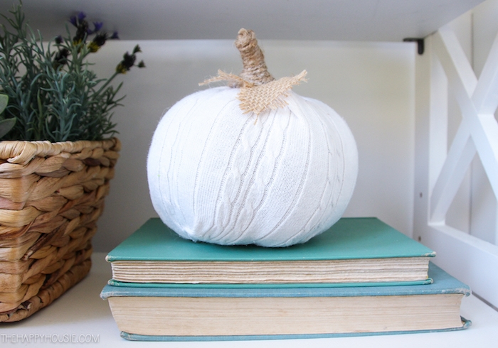 citrouille dans chaussette blanche, exemple de decoration theme automne sur une pile de livres et panier fleuri