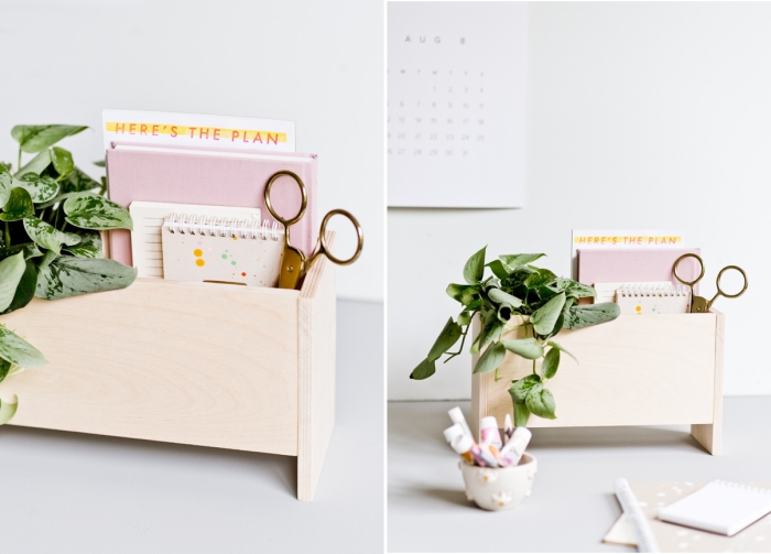 modèle de rangement papier bureau DIY, faire un organiseur papier et crayons en bois, tutoriel construction accessoire bureau