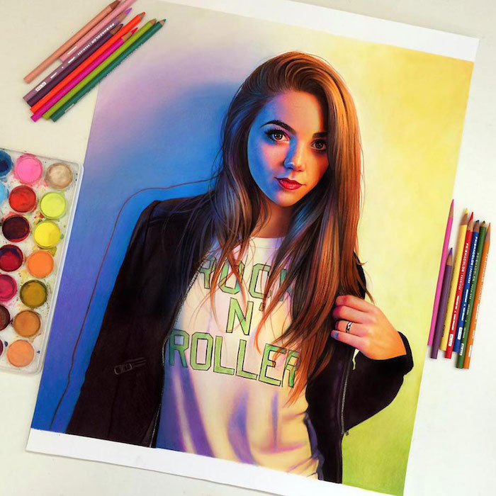 Coloré dessin de fille avec t-shirt rock et roller, idée dessin portrait réaliste, comment bien dessiner