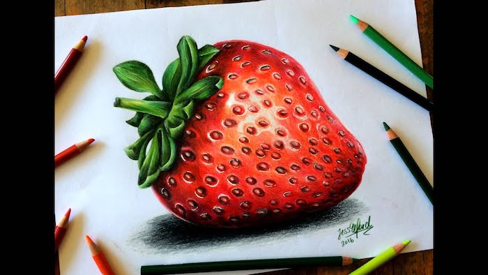 Une fraise fraiche, comment bien dessiner, illusion d optique dessin 3d de fraise coloré