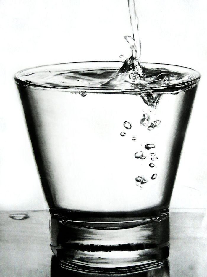 Goute d'eau dans la verre pleine d'eau, dessin 3d, dessin a faire facile, cool idée quoi dessiner originale idée