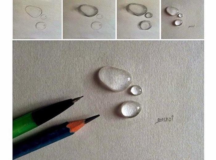 Comment dessiner une goutte d'eau trois d, dessin 3d goutte d'eau étape par étape, crayons noirs sur papier blanc dessin