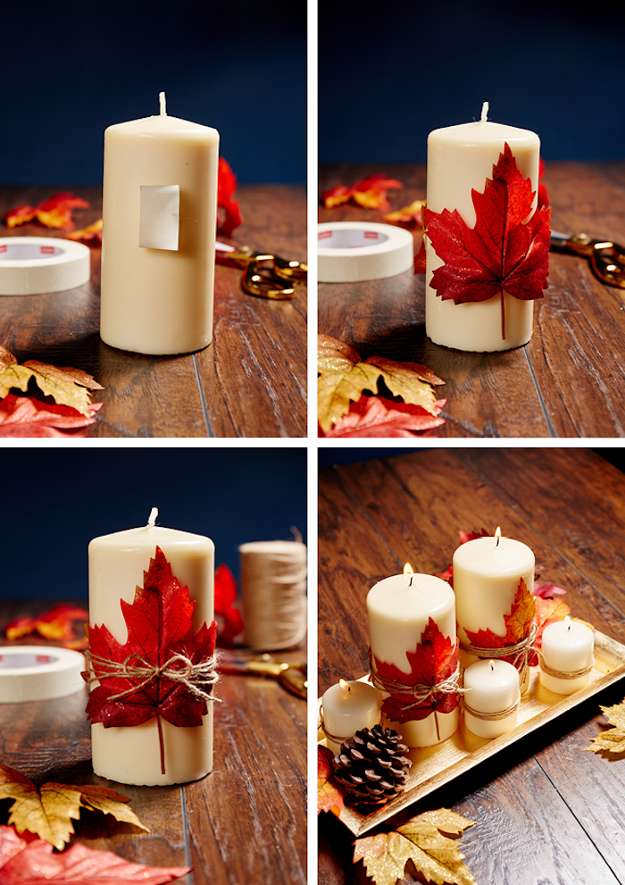 bougie décorée de feuille d automne dans une assiette plateau doré avec des bougies customisées de feuilles mortes et fils de chanvre, pomme de pin