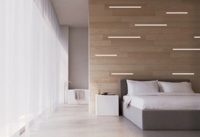 design chambre à coucher minimaliste en blanc et gris avec accents bois, modèle de lambris mural en bois clair