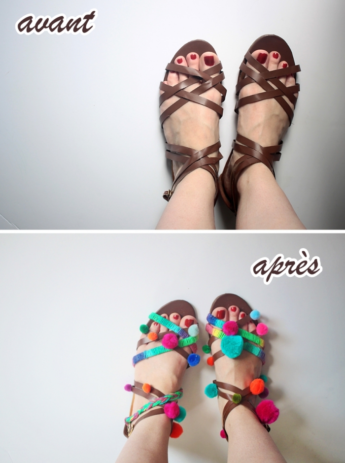 activité créative femme, modèle de sandales plates en cuir décorées avec pompons colorés, que faire avec pompons