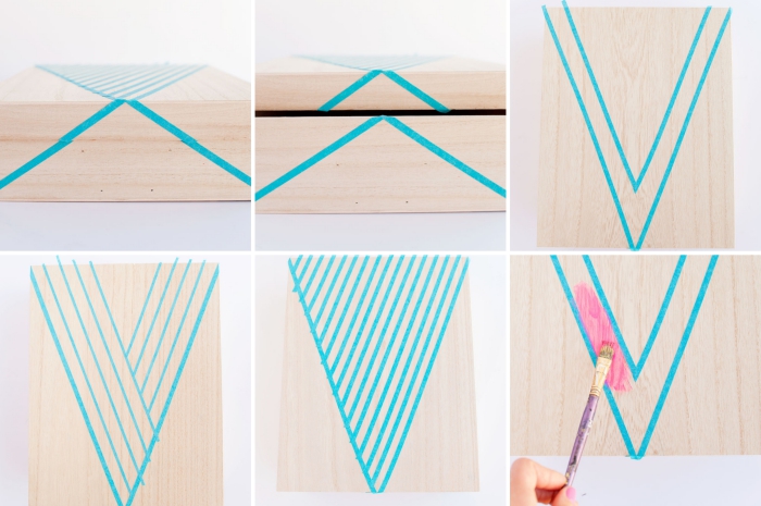 exemple comment décorer une boîte en bois avec peinture et washi tape, accessoire bureau à faire soi même