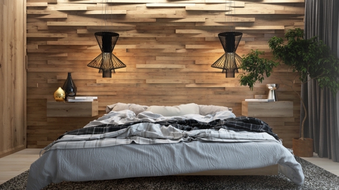 design chambre à coucher contemporaine avec mur à parement bois, atmosphère relaxante dans une pièce en bois et gris