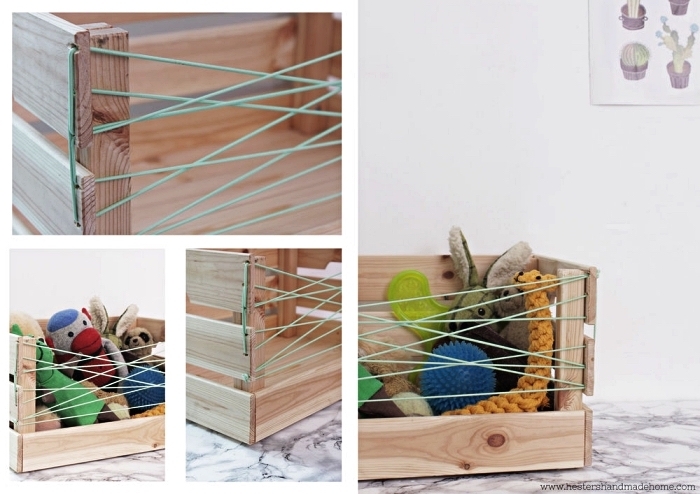 astuces ikea pour les animaux de compagnie, fabriquer un rangement pour jouets avec une caisse ikea en bois et de la corde