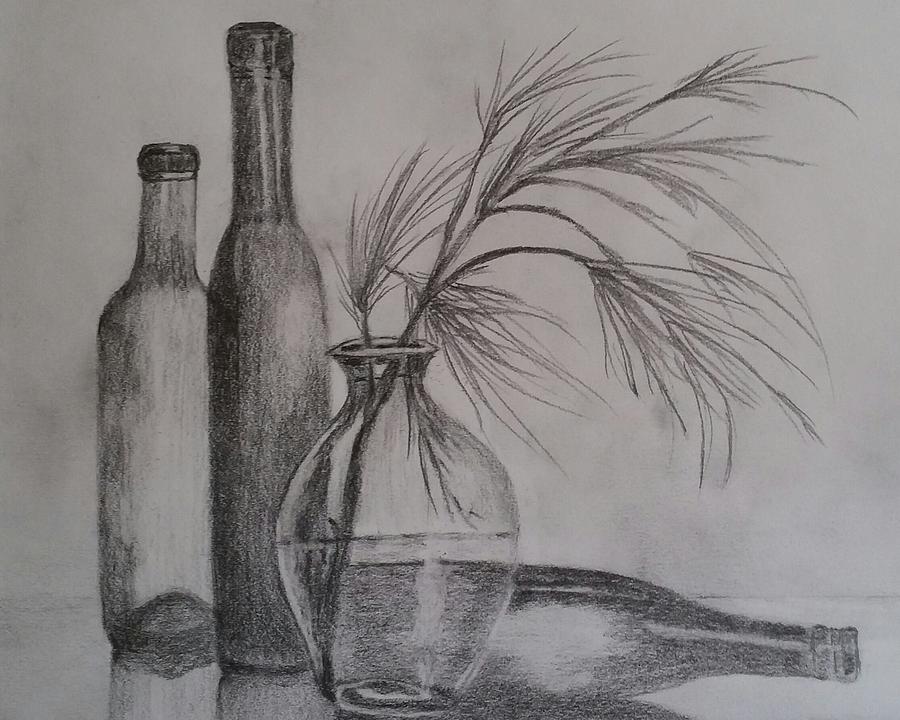 Dessin nature morte, claire obscure inspiration dessin en perspective, deux bouteilles et une vase 