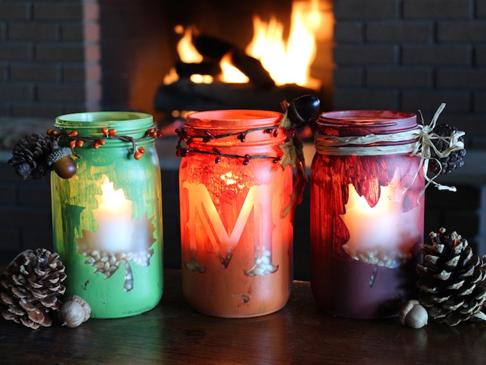 customiser pot en verre, bricolage automne creatif avec des pots en verre repeints de peinture et rempli de maïs et bougie à l intérieur