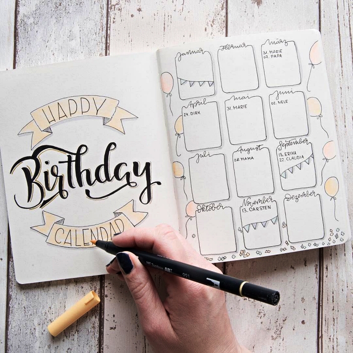 idées deco bullet journal, calendrier des anniversaires avec un joli lettrage en tête réalisé à la main