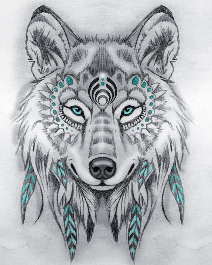 dessin loup tribal au crayons, modele dessin noir et blanc avec des touches de bleu, symbole amerindien