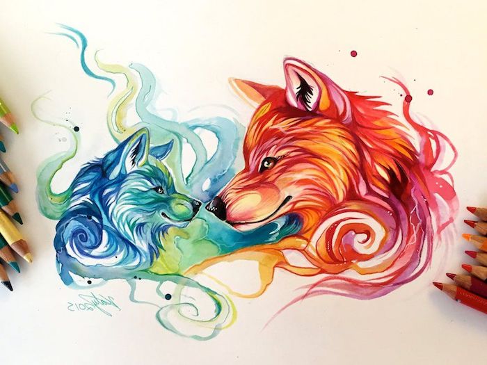 loup coloriage dessin aux crayons de couleur, T6ete de petit loup vert et bleu et mère louve en orange et rouge
