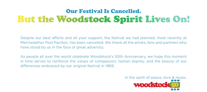 initialement prévu pour se dérouler sur trois jours près de Baltimore, Le festival Woodstock 50 a été annulé