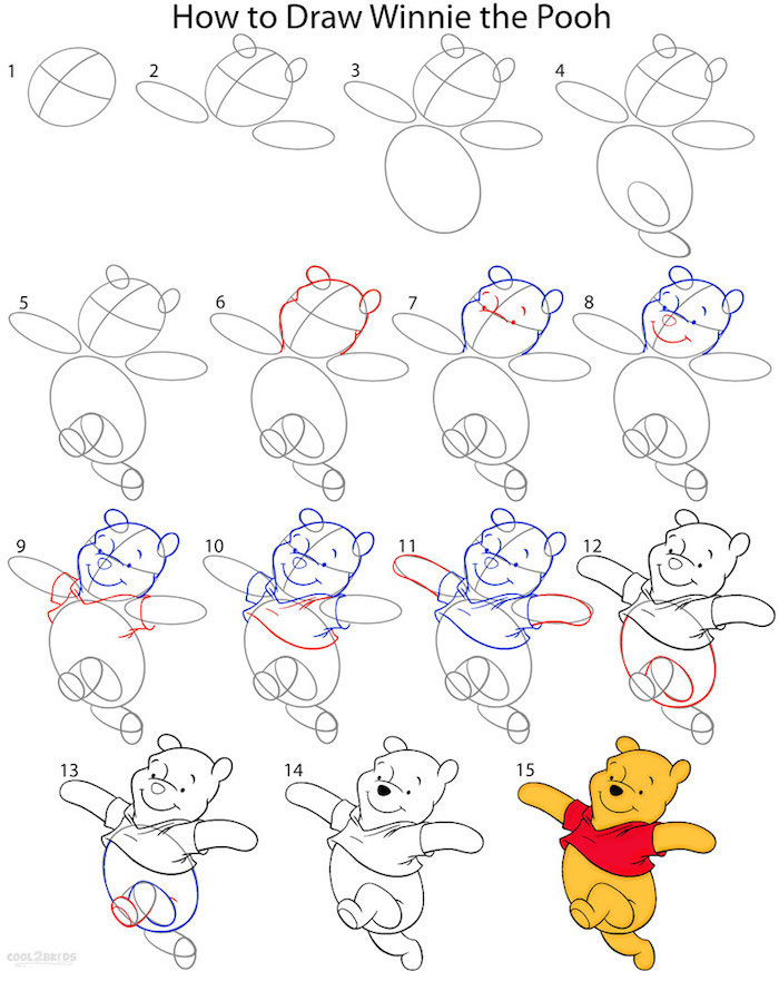 Winnie l'ourson coloré dessin simple, pas à pas comment dessiner pour débutant, exemple de beau dessin