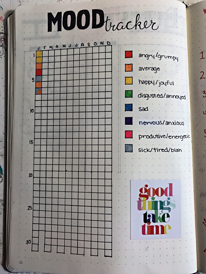 bullet journal tracker d'humeur avec code couleur, une grille pour suivre ses humeurs pendant toute l'année