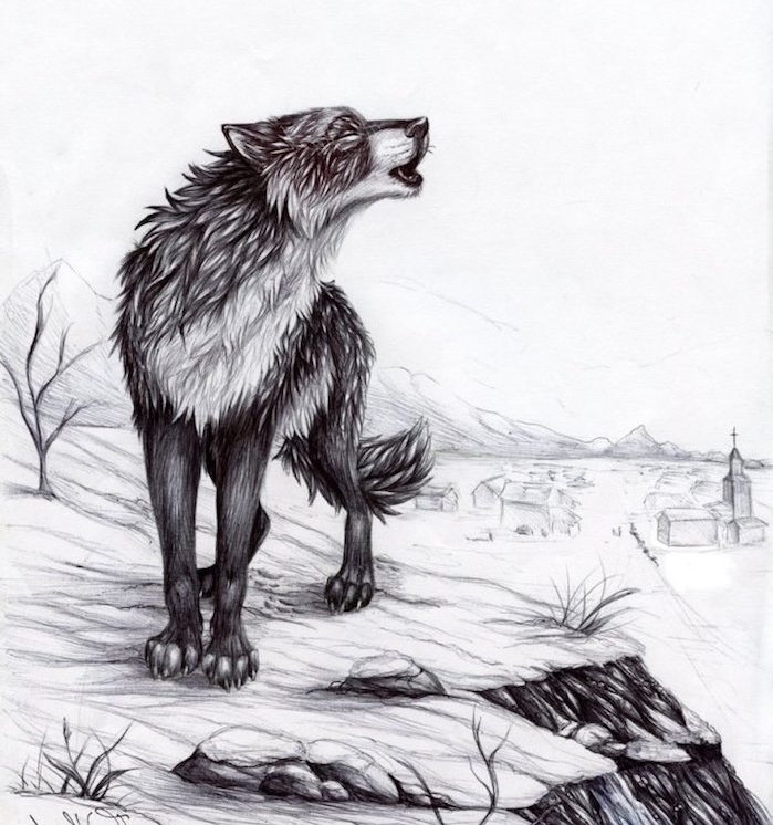 animal loup qui hurle, dessin aux contours noirs sur fond blanc avec des batiments en perspective