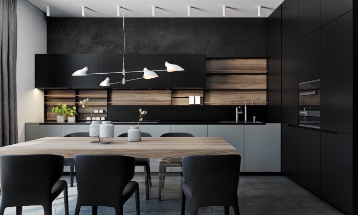 décoration cuisine noire et bois avec meubles bas en blanc, aménagement cuisine moderne avec meubles sans poignées