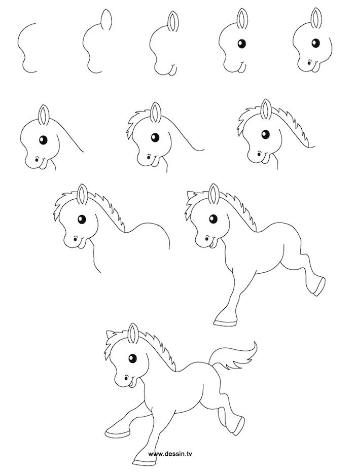 Bébé cheval kawaii dessin adorable, comment décalquer une image, dessin très beau