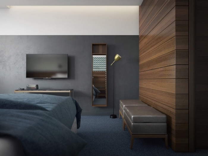 design intérieur contemporain, idée aménagement chambre à coucher aux murs bicolore avec pan de mur en bois foncé