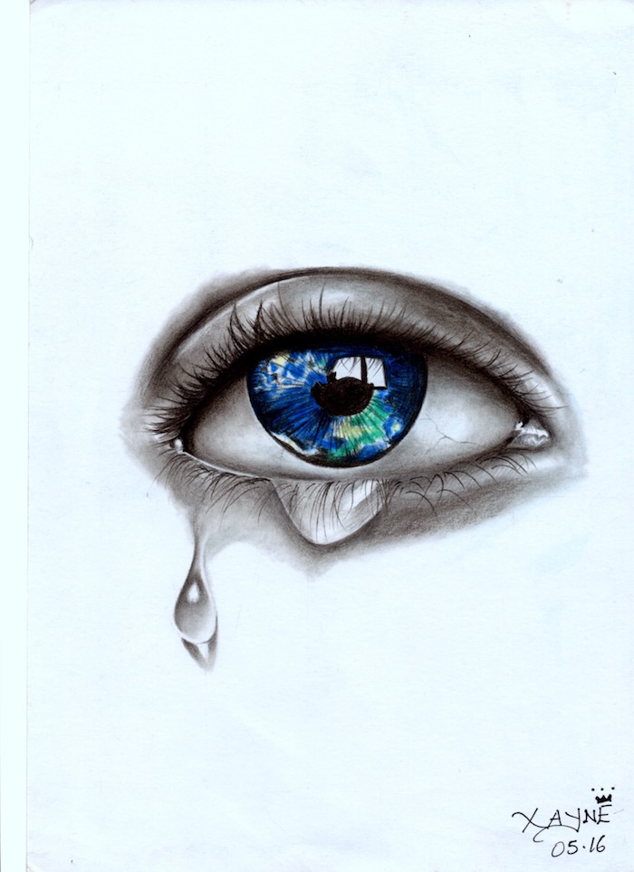 Oeil bleu avec un peu de vert comme le globe de la terre, dessin débutant, dessin facile a reproduire par etape