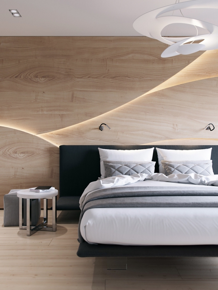 comment décorer une pièce scandinave en blanc et bois, modèle de panneau bois decoratif avec éclairage led