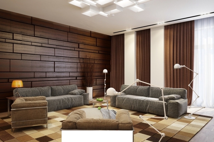 décoration salon blanc et bois avec accessoires nuances marron et beige, modèle de plafond original avec éclairage led